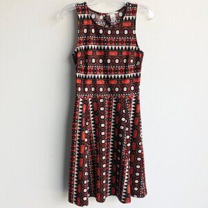Tribal geometric print orange sleeveless keyhole cutout back dress